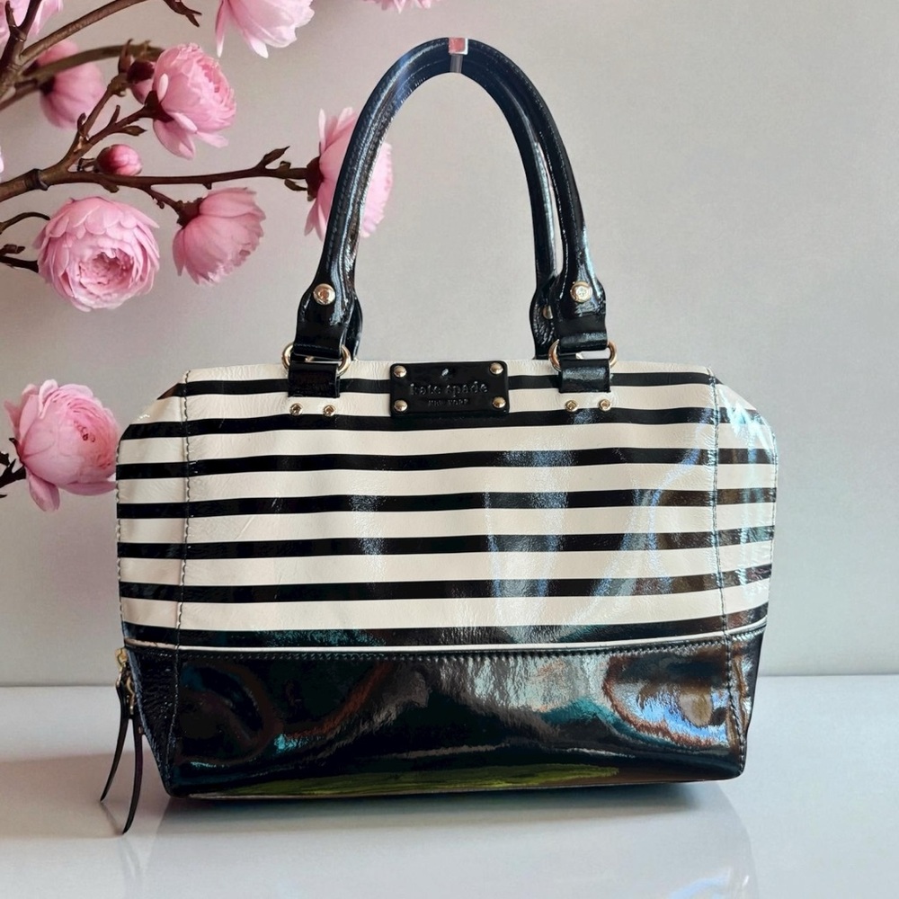 Kate Spade Wellesley Alessa Patent Leather Two Way Striped Satchel Bag.